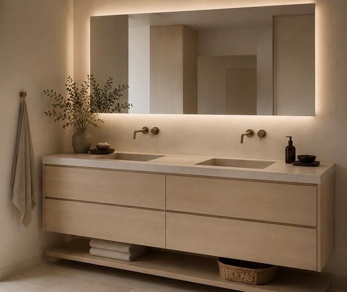 Floating light-wood double vanity with backlit mirror and brushed-brass fixtures