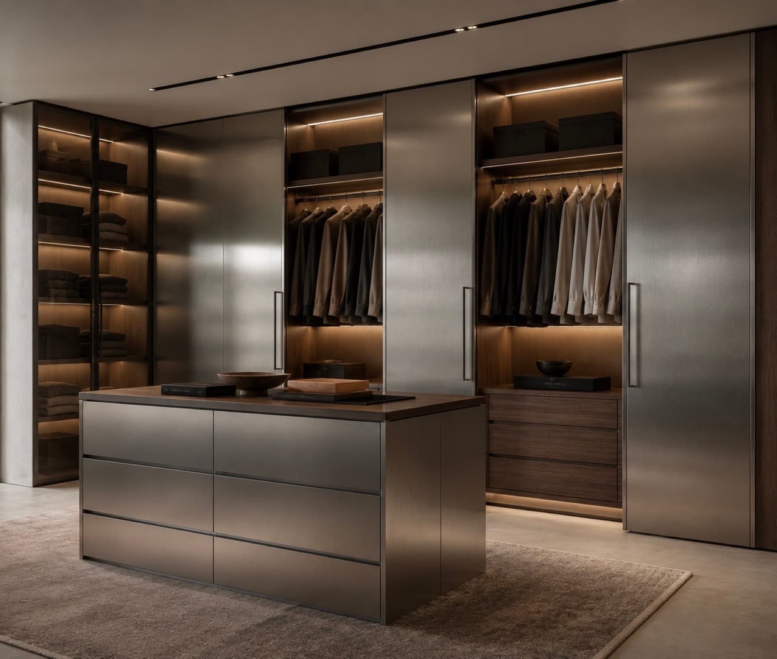 Walk-in closet with metallic sliding panels, glass display, and backlit shelving