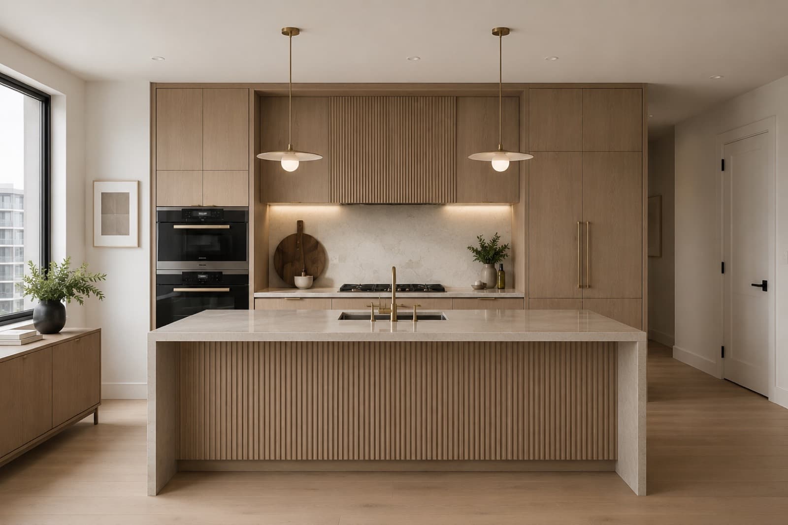 Light-wood kitchen with fluted island base, marble countertop, brushed-brass pendants, and integrated appliances