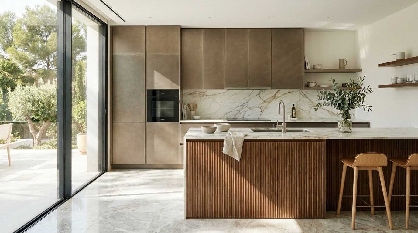 Cocina handleless a medida de SET Form — gabinetes tono bronce, isla de nogal acanalado y salpicadero de mármol con salida a una terraza soleada